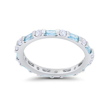 Art Deco Stackable Baguette Simulated Aquamarine Cubic Zirconia Wedding Ring 925 Sterling Silver